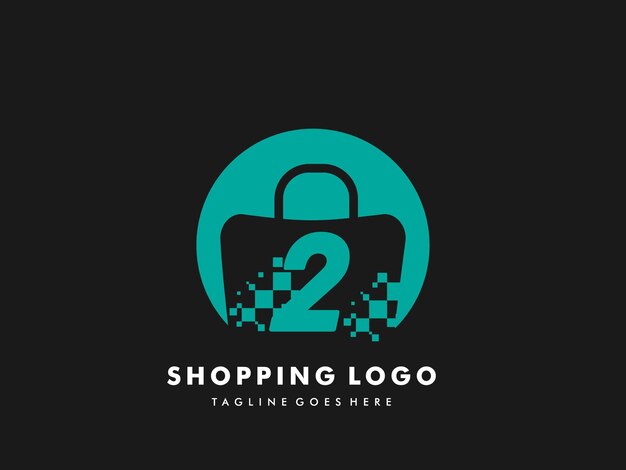 Círculo aislado de la bolsa de compras vectorial con el número 2, icono de compras rápidas, tienda rápida creativa, plantillas de logotipo de compras rápidas creativas.