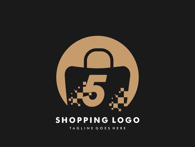 Círculo aislado de la bolsa de compras vectorial con el número 5, icono de compras rápidas, tienda rápida creativa, plantillas de logotipo de compras rápidas creativas.