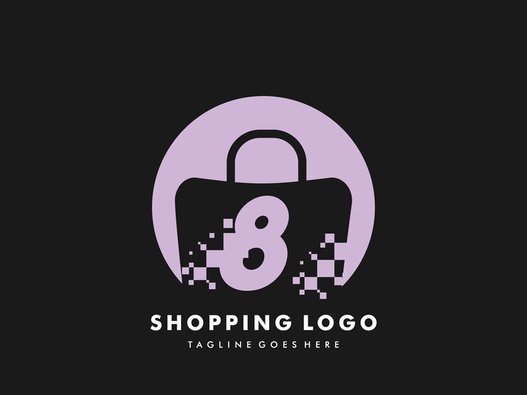 Vector círculo aislado de la bolsa de compras vectorial con el número 8, icono de compras rápidas, tienda rápida creativa, plantillas de logotipo de compras rápidas creativas.