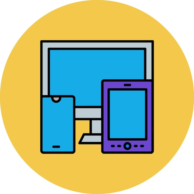 un círculo amarillo con una pantalla azul y negra y un monitor con una pantalla blue