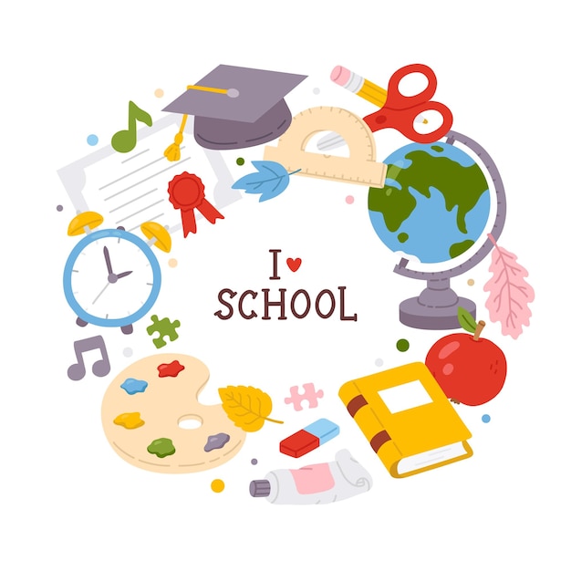Un círculo de artículos escolares, incluido un globo terráqueo, un libro, un reloj, hojas, un sombrero de graduación, una manzana.
