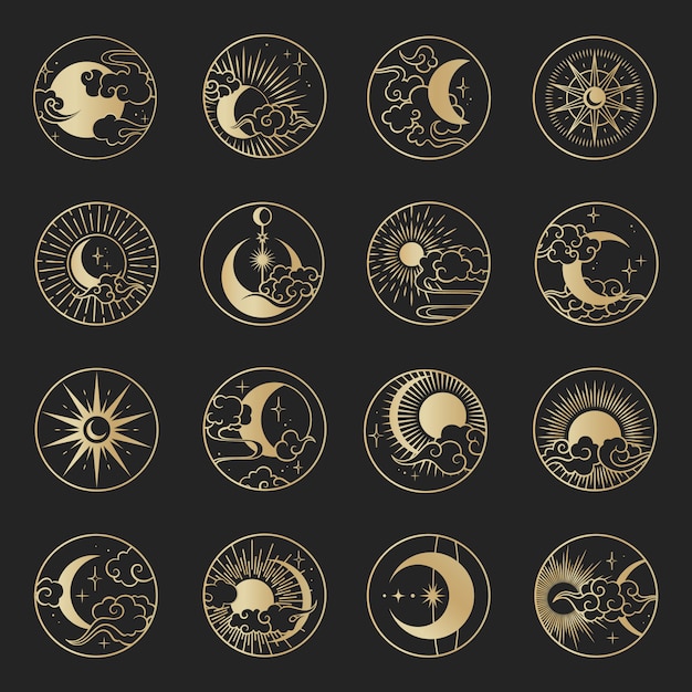 Círculo asiático con nubes, luna, sol, estrellas. Colección de vectores en chino oriental, japonés, estilo coreano