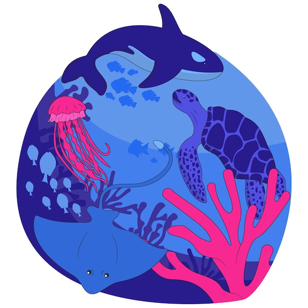 Un círculo azul con una ballena, una tortuga, una tortuga, una tortuga y una tortuga.