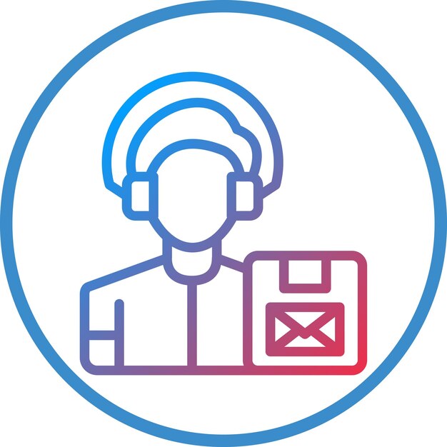 un círculo azul con un hombre con auriculares y un sobre de correo