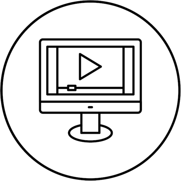 un círculo blanco con una imagen de un monitor de computadora y una pantalla de video