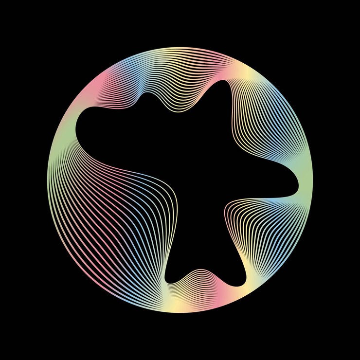 Vector círculo brillante de colores neón forma curva redonda con líneas dinámicas onduladas aisladas en negro