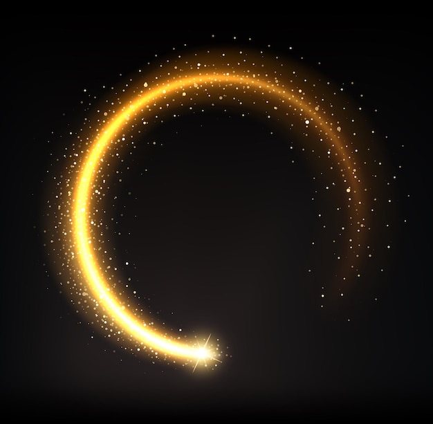 Círculo de brillo dorado luz o brillo dorado resplandor brillo vector fondo redondo Círculo dorado de brillo con llamarada de luz efecto marco de anillo brillante amarillo dorado rastro brillante de chispa de estrella remolino