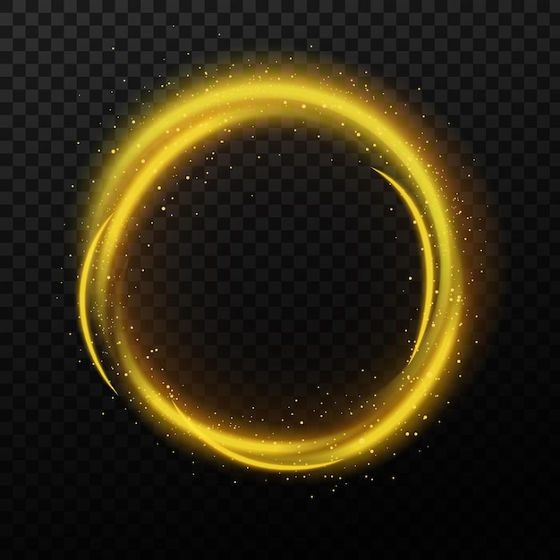Círculo de chispas mágicas y polvo de estrellas brillante Bandera brillante cósmica dorada con partículas brillantes Conjunto Redondo Sendero brillante aislado sobre fondo negro Polvo de hadas Ilustración de vector de glamour