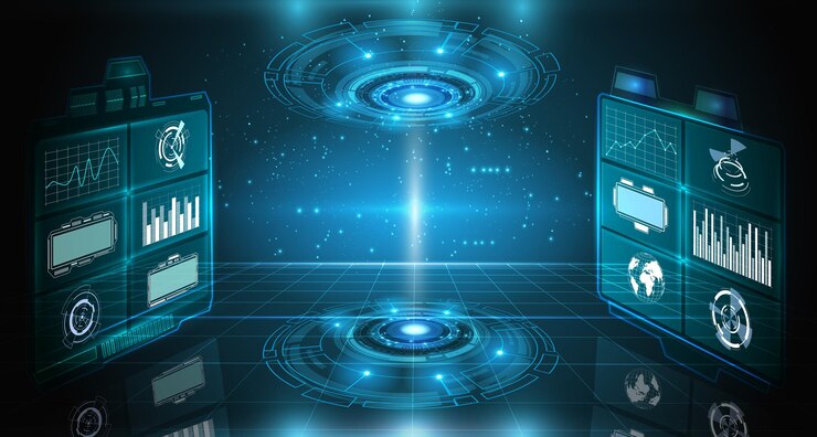 Vector círculo de ciencia ficción y elementos digitales cibernéticos con portal de marco de fantasía y datos futuros interfaz de ciberespacio de superficie de ui de cuadrícula virtual ilustración de juego vectorial