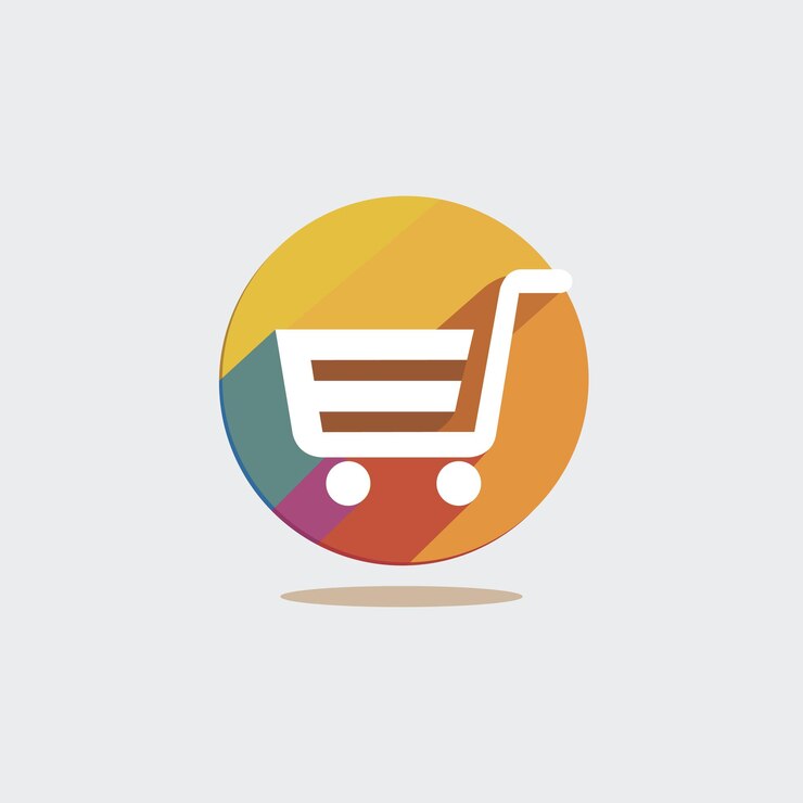Un círculo colorido con un ícono de carrito de compras y un logotipo para compras en línea y una tienda de comercio electrónico