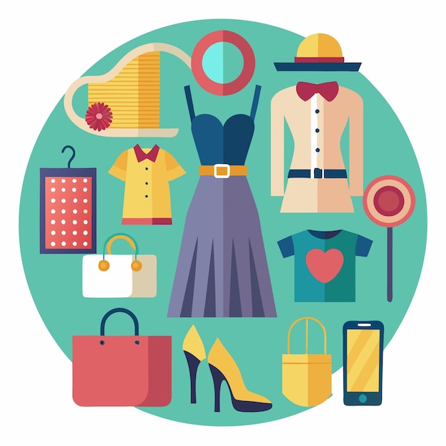 Un círculo colorido con varios artículos de compras en diseño plano