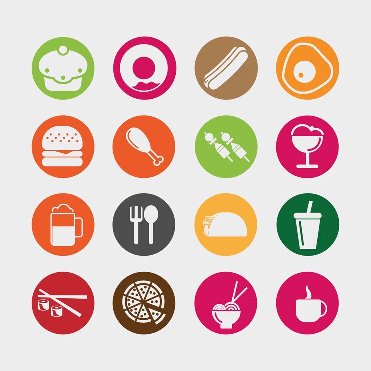 Vector círculo de conjunto de iconos de comida y bebida