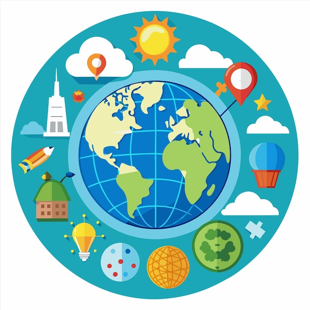 un círculo de diferentes cosas alrededor del mundo con un fondo azul