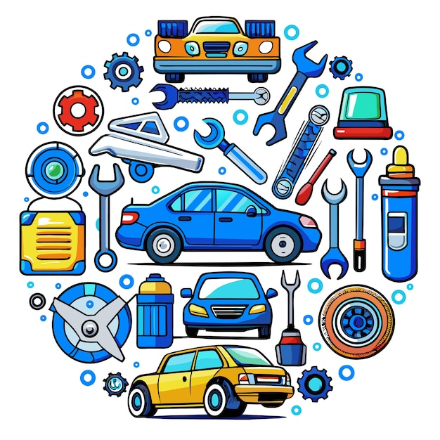 un círculo de diferentes herramientas, incluido un automóvil y herramientas