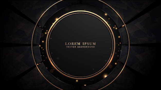Círculo dorado y forma geométrica negra con efectos de puntos brillantes y decoración de elementos bokeh en negro