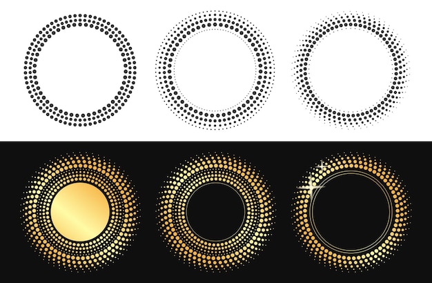 Círculo dorado de medio tono punteado y puntos redondos blancos y negros modernos marco de diseño ilustración gráfica