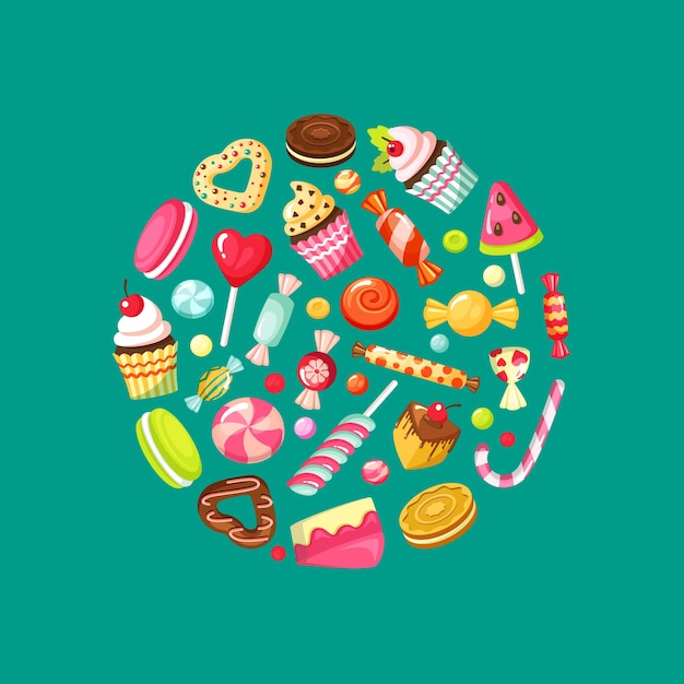 Círculo de dulces productos deliciosos dulces para niños tortas de piruleta vector fondo de dibujos animados