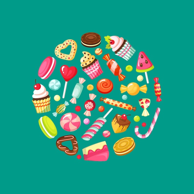 Vector círculo de dulces productos deliciosos dulces para niños tortas de piruleta vector fondo de dibujos animados