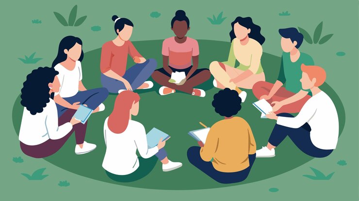 Vector un círculo de estudiantes universitarios sentados en la hierba compartiendo francamente sus experiencias con el cuerpo