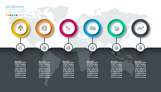 Círculo etiqueta infografía con paso a paso.