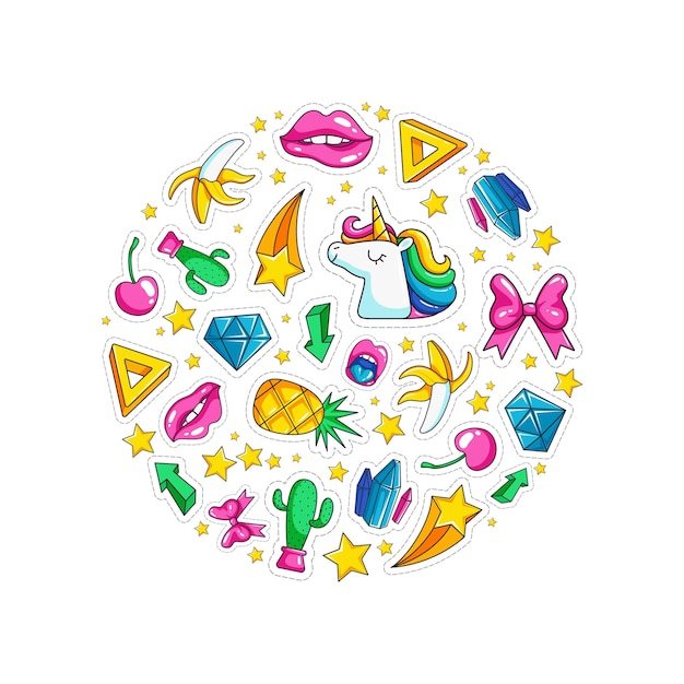 Círculo de fantasía estilo retro símbolos pegajosos labios de unicornio flechas de diamante plantilla de fondo vectorial