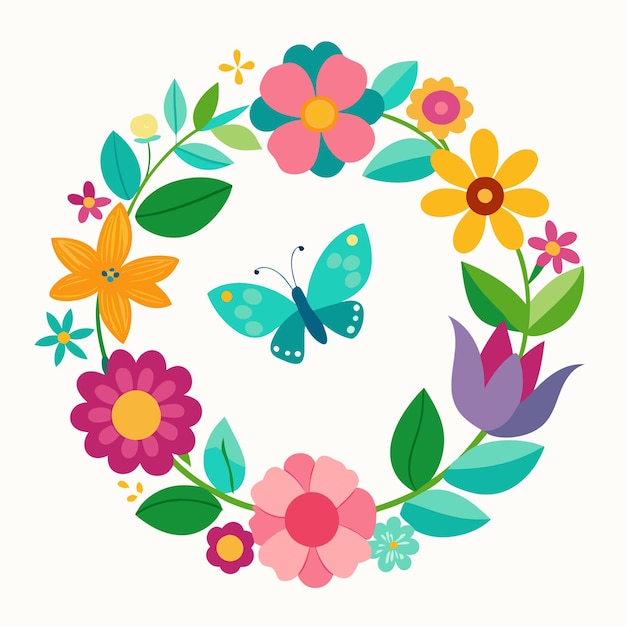 un círculo de flores y mariposas en un círculo