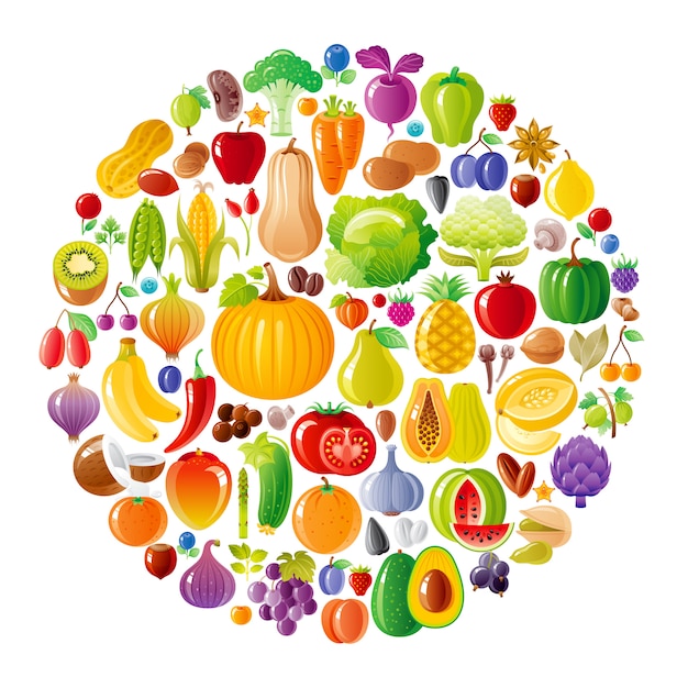 Vector círculo de frutas y verduras con conjunto de iconos de alimentos orgánicos. diseño de rueda saludable. calabaza, plátano, mango, manzana, cebolla, ajo, granada, tomate y más.