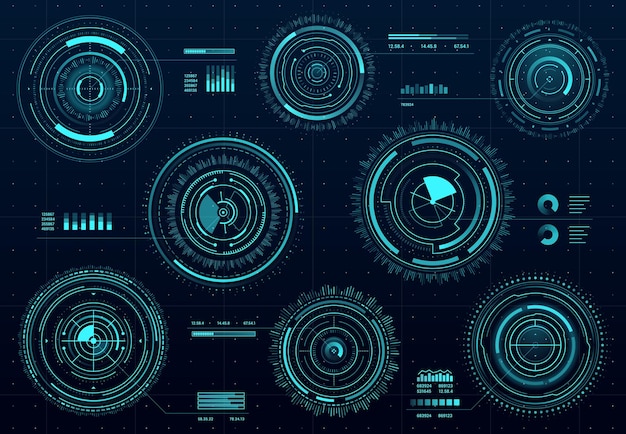 Círculo futurista tablero de pantalla de datos de interfaz digital de HUD. La mira de ciencia ficción vectorial apunta al control, apunta a los marcos redondos. Orientación óptica militar, elementos de interfaz gráfica de usuario que brillan intensamente de neón, miras de radares o sonares