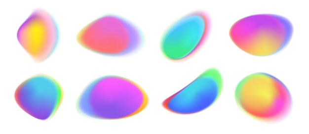 Círculo de gradiente de color Formas holográficas iridescentes Manchas redondas de color abstracto con una suave mezcla de luz de neón Gradiente vibrante Desdibujado círculos líquidos Conjunto vectorial