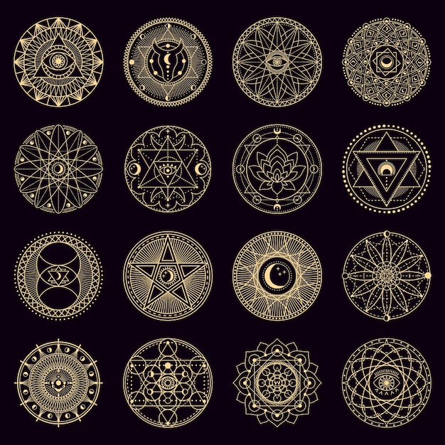 Círculo de hechizos misteriosos. Emblemas circulares de brujería de alquimia mística dorada, signos de geometría oculta, conjunto de iconos de ilustración mágica de círculo. Adorno místico espiritual, astrología y brujería.