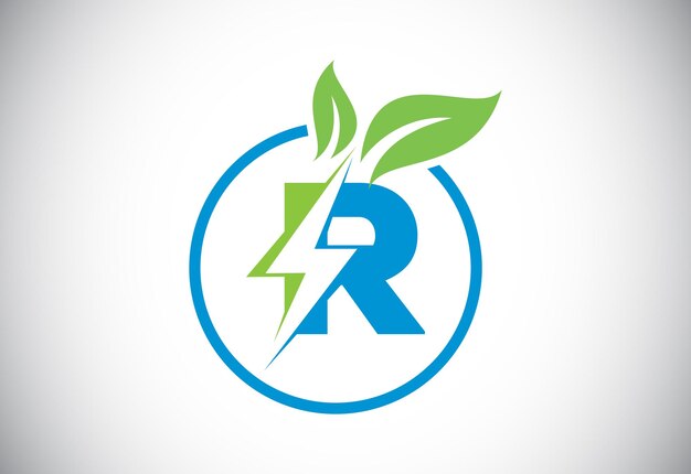 Círculo de hoja de rayo de letra R inicial o icono de ahorro de energía ecológica Concepto de icono de hoja y rayo para el logotipo eléctrico de energía natural