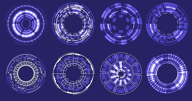 Círculo holográfico futurista de elementos de enfoque Diseño redondo de ciencia ficción Colimador militar Colección de vista Circuito HUD Conjunto de visor de cámara Digital de ingeniería de datos