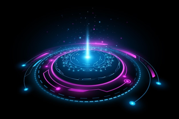 Círculo HUD digital 3d con láser brillante aislado en fondo negro Tabla de circuitos cibernéticos Elementos Scifi para diseño de GUI e UI Ilustración vectorial
