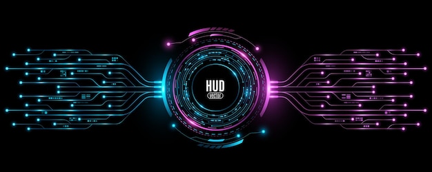 Círculo de hud digital brillante con placa de circuito de IA en fondo negro Panel de interfaz de usuario de hitech futurista con detalles electrónicos Diseño moderno de interfaces de usuario Ilustración vectorial