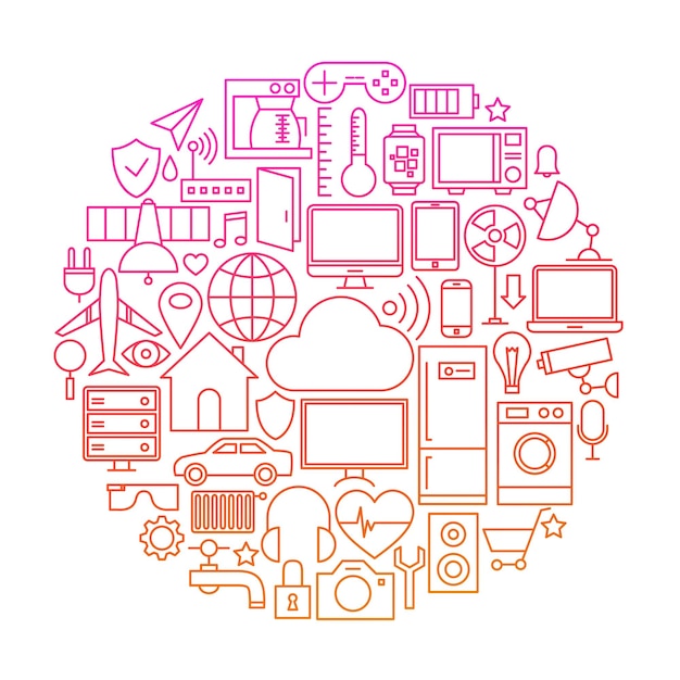 Círculo de icono de línea de Internet de las cosas. Ilustración de vector de objetos de tecnología de casa inteligente.
