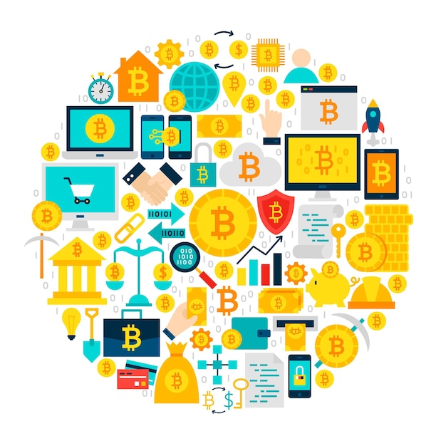 Círculo de iconos de Bitcoin. Ilustración vectorial de objetos planos de criptomonedas aislados en blanco.