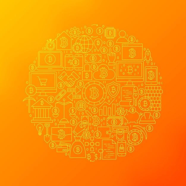Círculo de iconos de Bitcoin de línea. Ilustración de vector de objetos de esquema de criptomoneda sobre fondo borroso.