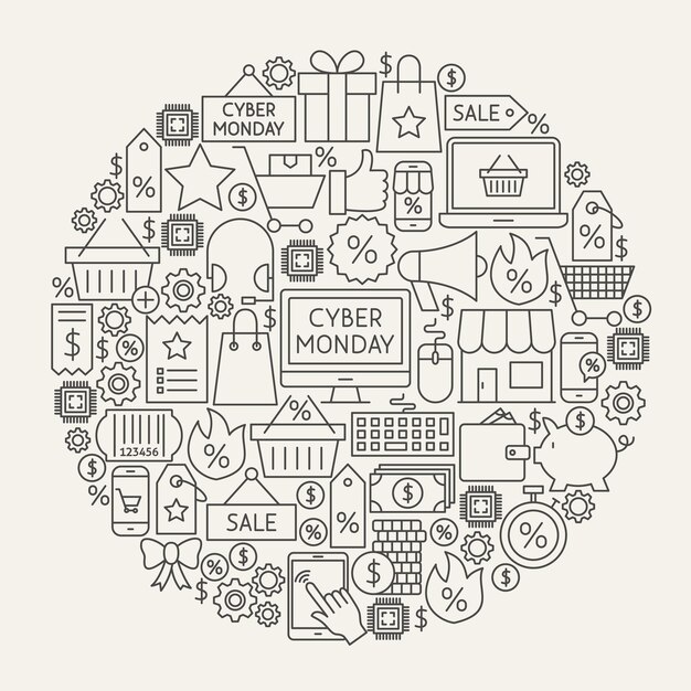 Círculo de iconos de línea Cyber Monday. Ilustración de vector de objetos de esquema de venta de compras.