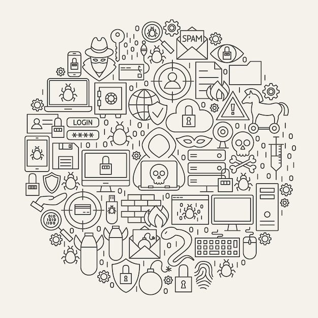 Círculo de iconos de línea de seguridad cibernética. Ilustración de vector de objetos de contorno de Hacker.