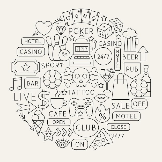 Círculo de iconos de línea de señales de calle. Ilustración de vector de objetos de contorno de café.