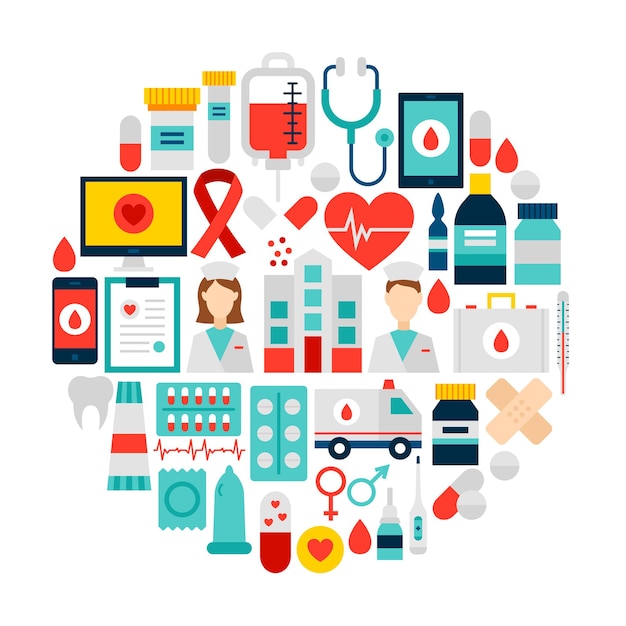 Círculo de iconos de salud. Ilustración vectorial de objetos planos de medicina aislados en blanco.