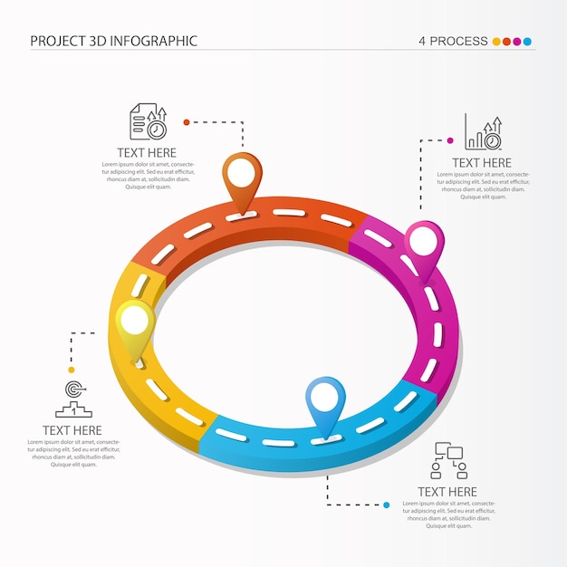 Círculo de infografía 3d de 4 pasos y iconos de negocios para los pasos del proceso de negocio.