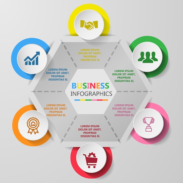 Círculo de infografías de negocios con 6 iconos de negocios y paso