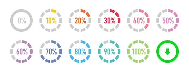 Círculo infográfico conjunto de 0 a 100 por ciento indicador de progreso de carga en estilo colorido