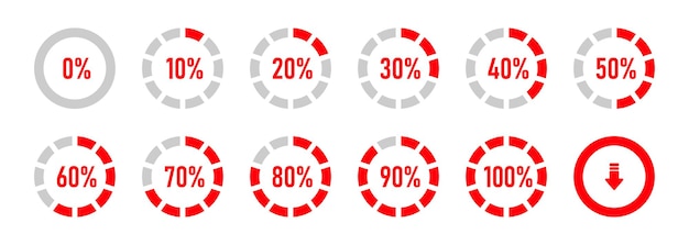 El círculo infográfico establece el indicador de progreso de carga del 0 al 100 por ciento en la ilustración vectorial de color rojo