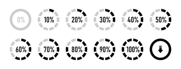 Círculo infográfico establecido de 0 a 100 por ciento indicador de progreso de carga en color blanco y negro