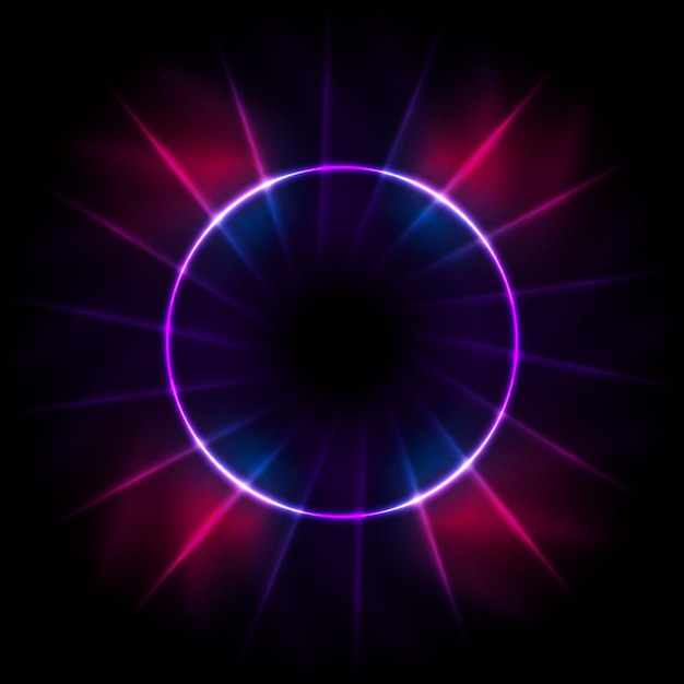 Círculo láser brillante y rayos de luz Tecnología abstracta de neón azul fondo púrpura Diseño luminoso retro Ilustración vectorial
