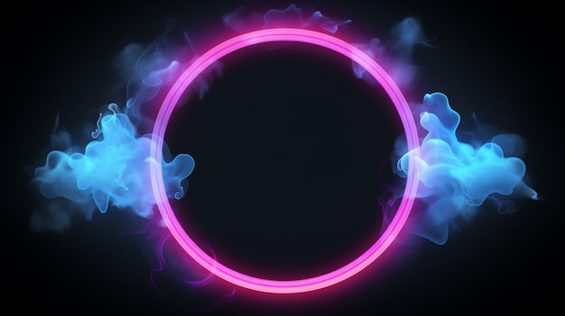 Vector un círculo de luces de neón con un círculo de humo azul y púrpura