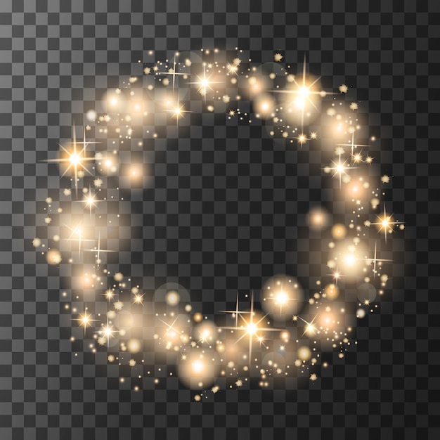 Círculo de luz brillante con partículas de luz y estrellas en el marco redondo Ilustración vectorial