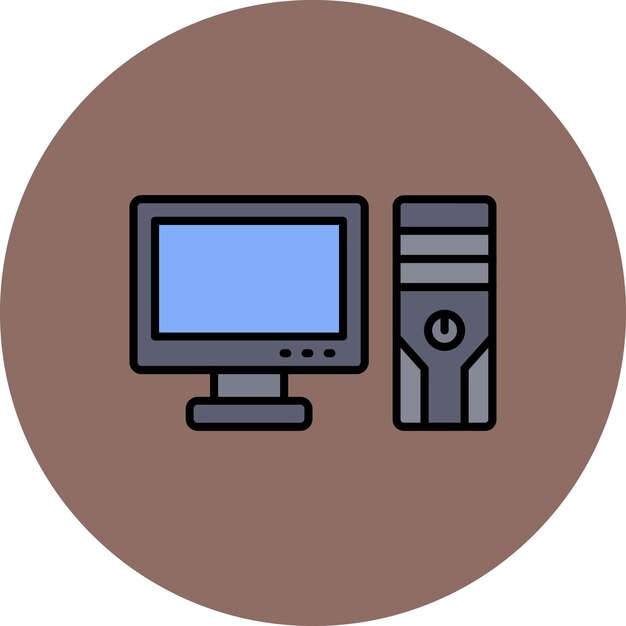 un círculo marrón con un monitor de computadora y una pantalla azul